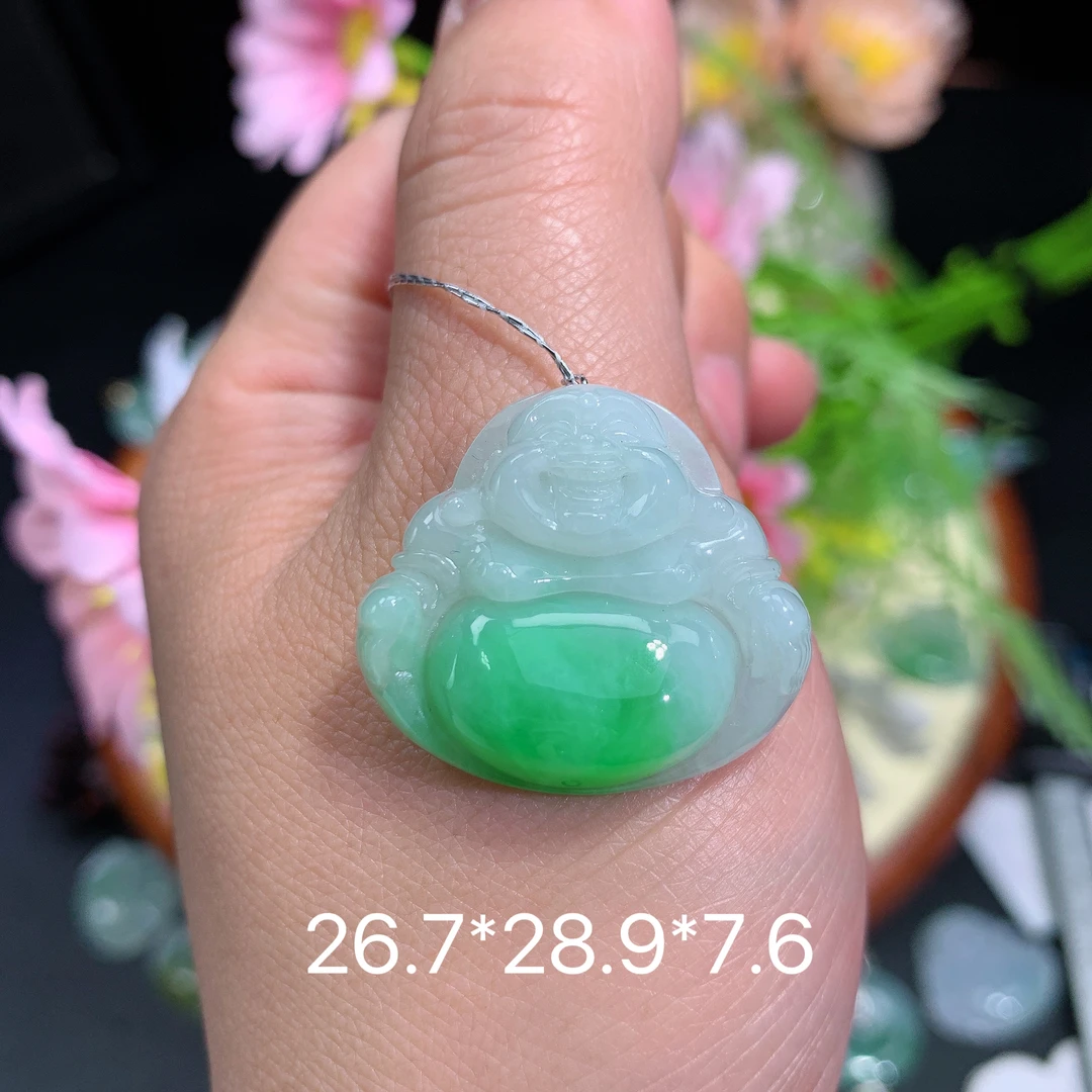 缅甸翡翠A货冰种阳绿佛公喜挂件水润百搭精冰气妈妈精美玉石百搭