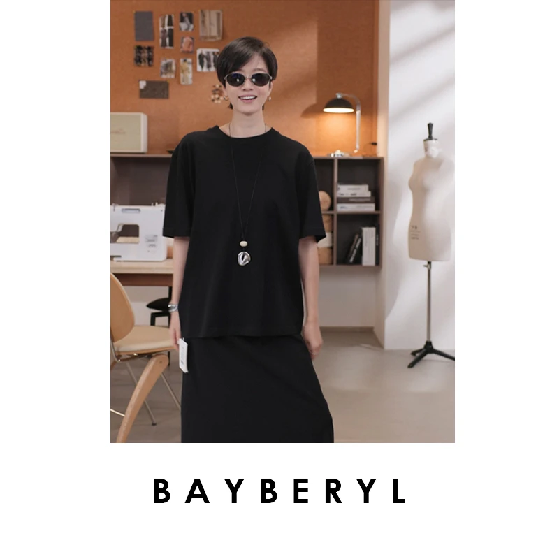BAYBERYL老贝灵地思*落肩纯色宽松时尚圆领T恤NT4G1801-7/30