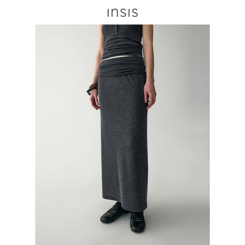 INSIS FEMME澳洲美丽诺羊毛2025春季款直身褶皱腰半身裙长半裙女