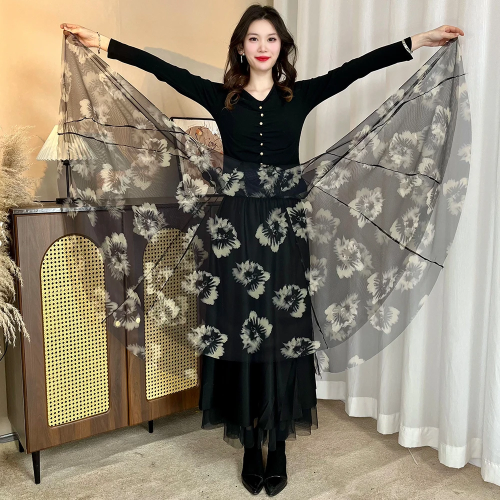 兰心墨韵印花+烫钻两面可穿]春秋大摆碎花A字长裙秋冬网纱半身裙