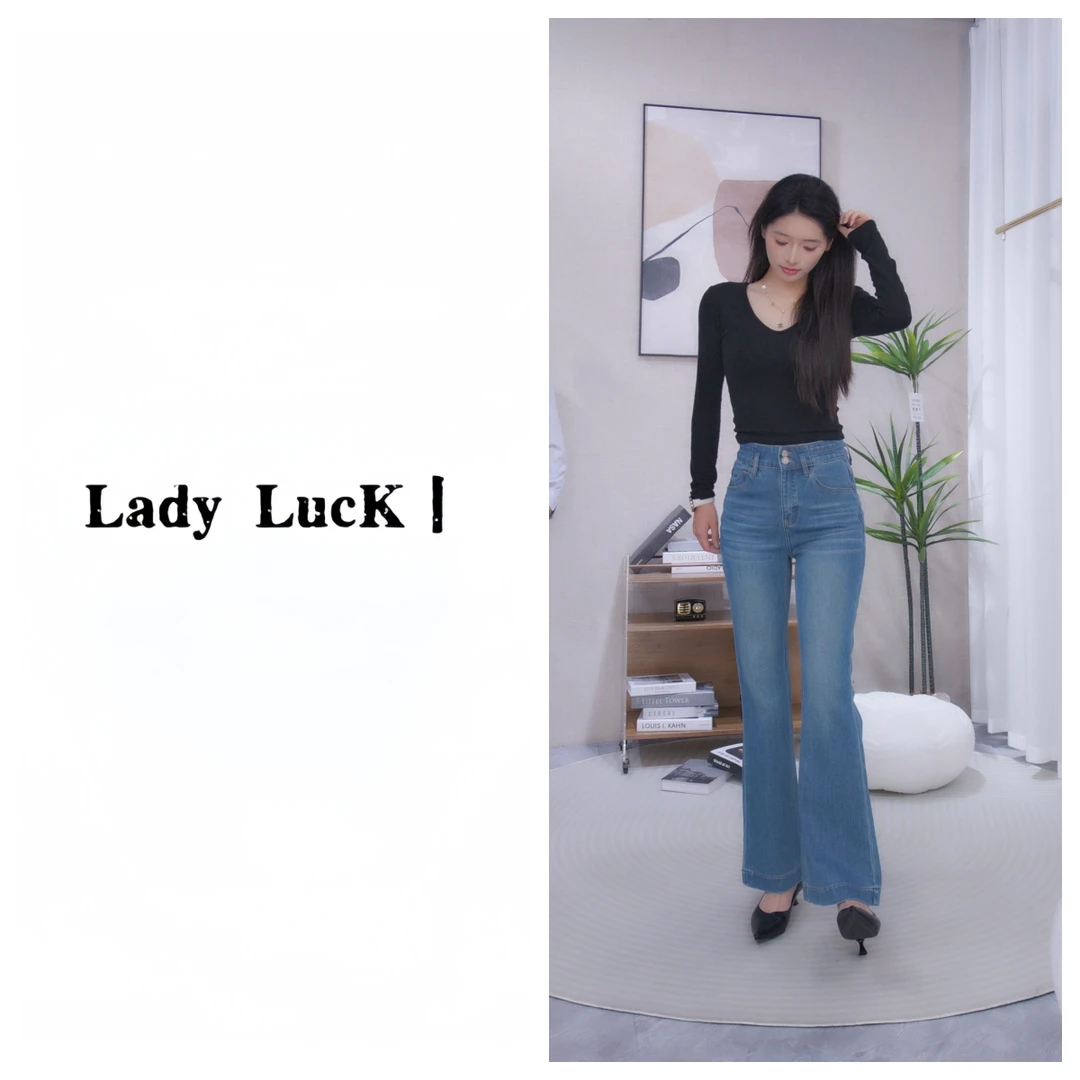 品牌原单丨天青色加绒·完美弹双排扣高腰筒喇牛仔裤显高牛仔裤