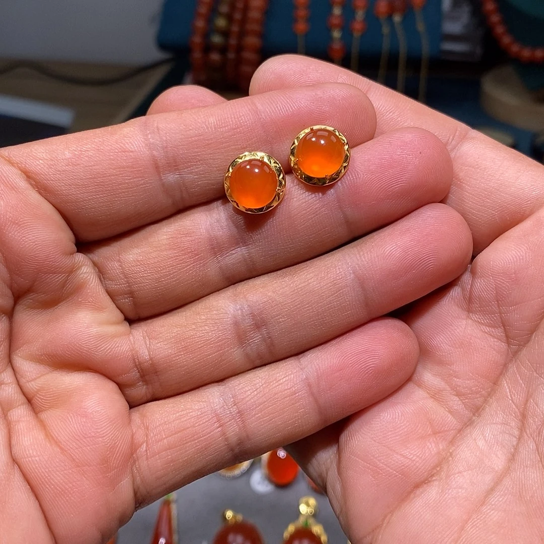 南红玛瑙银S925镶嵌耳饰