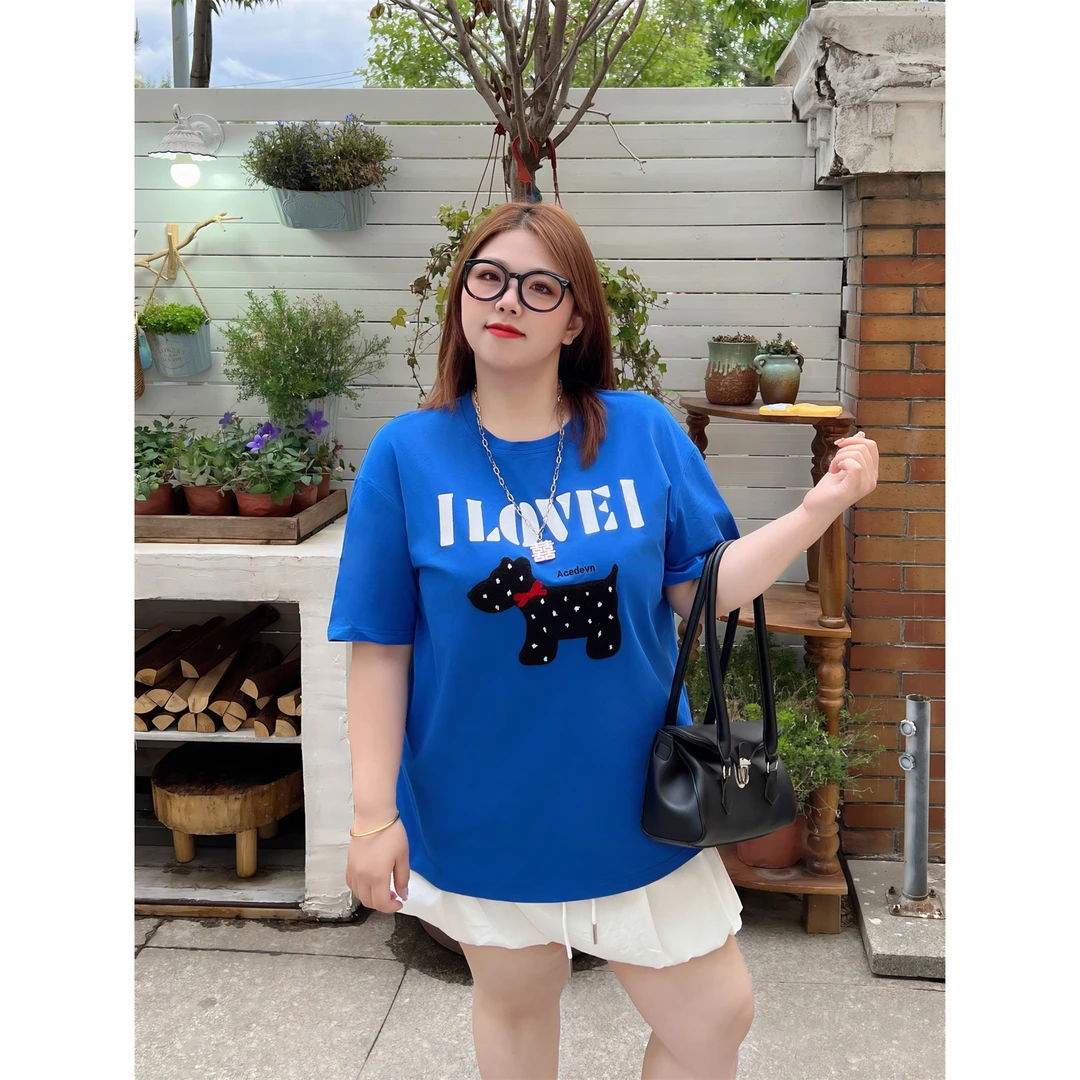 大码女装夏季温婉大气花契200斤胖mm重工小狗港风刺绣T恤15146