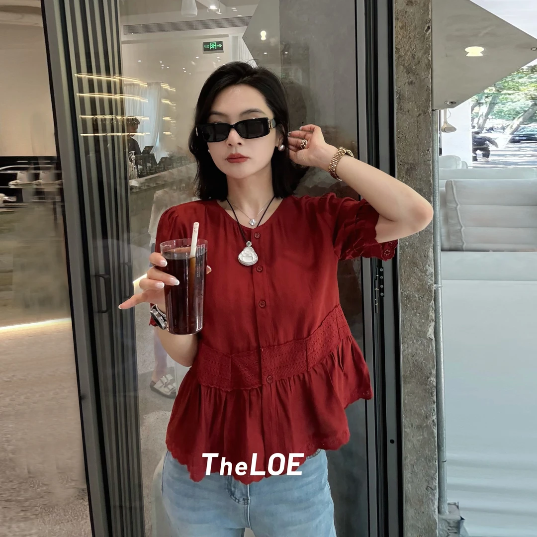 TheLOE/石榴红莱赛尔衬衫天丝洋气减龄镂空蕾丝下摆薄款#LE-2093