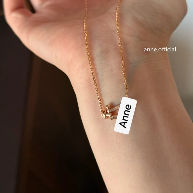 钛钢项链 【X594】轻奢U形香槟金马蹄扣镶锆项链