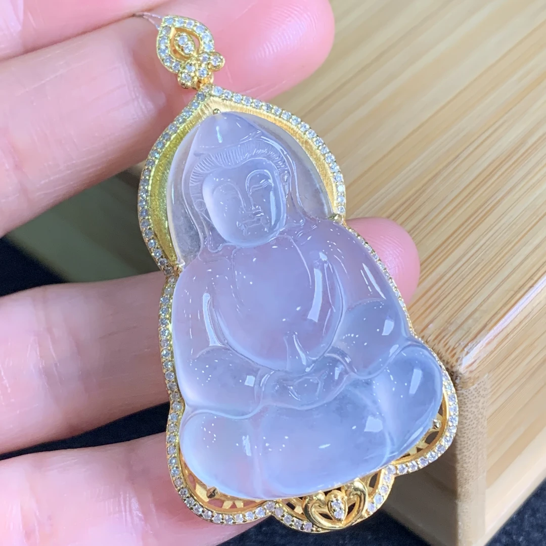 18K黄金镶嵌缅甸A货翡翠玻璃种观音高冰精雕