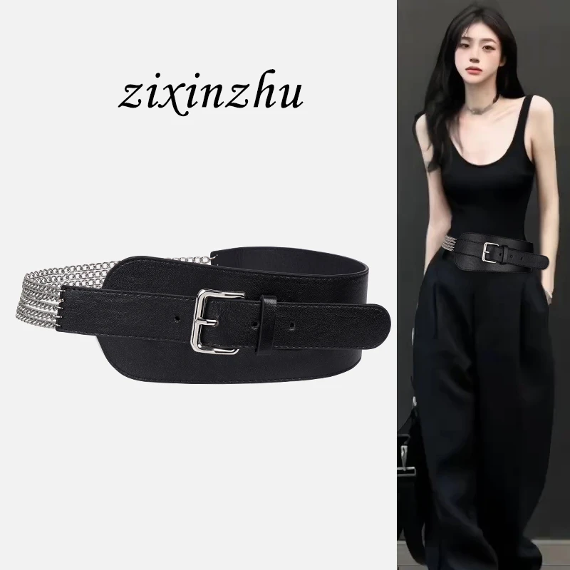 金属链条腰带女y2k辣妹复古黑色宽腰封配牛仔裤装饰连衣裙子西装