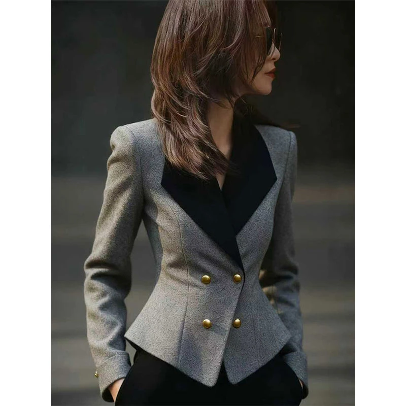 2026年法式轻熟风双排扣撞色拼接西装外套女收腰显瘦百搭通勤上衣