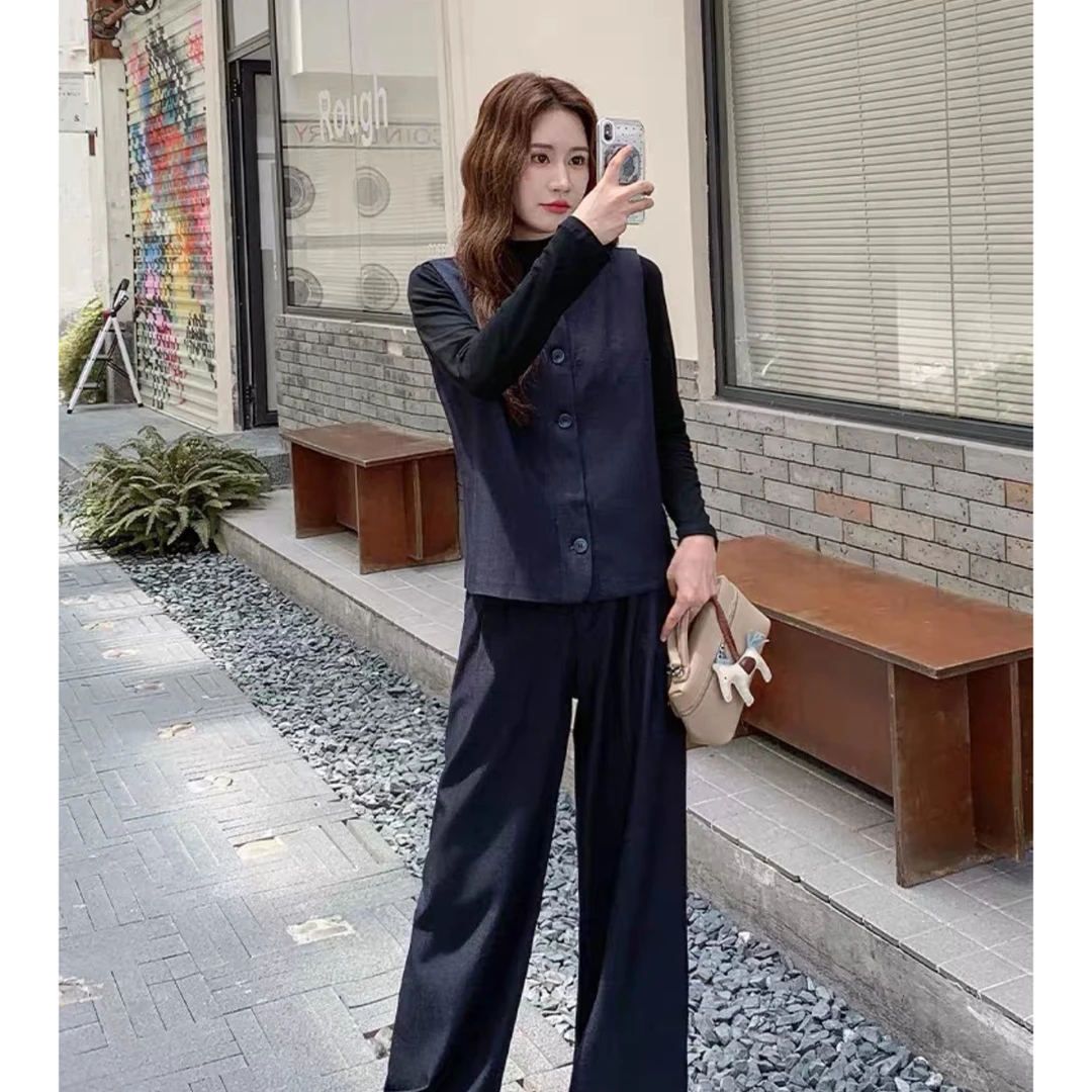 妮妮家25129秋季新款复古英伦风马甲穿搭巨好看阔腿裤套装