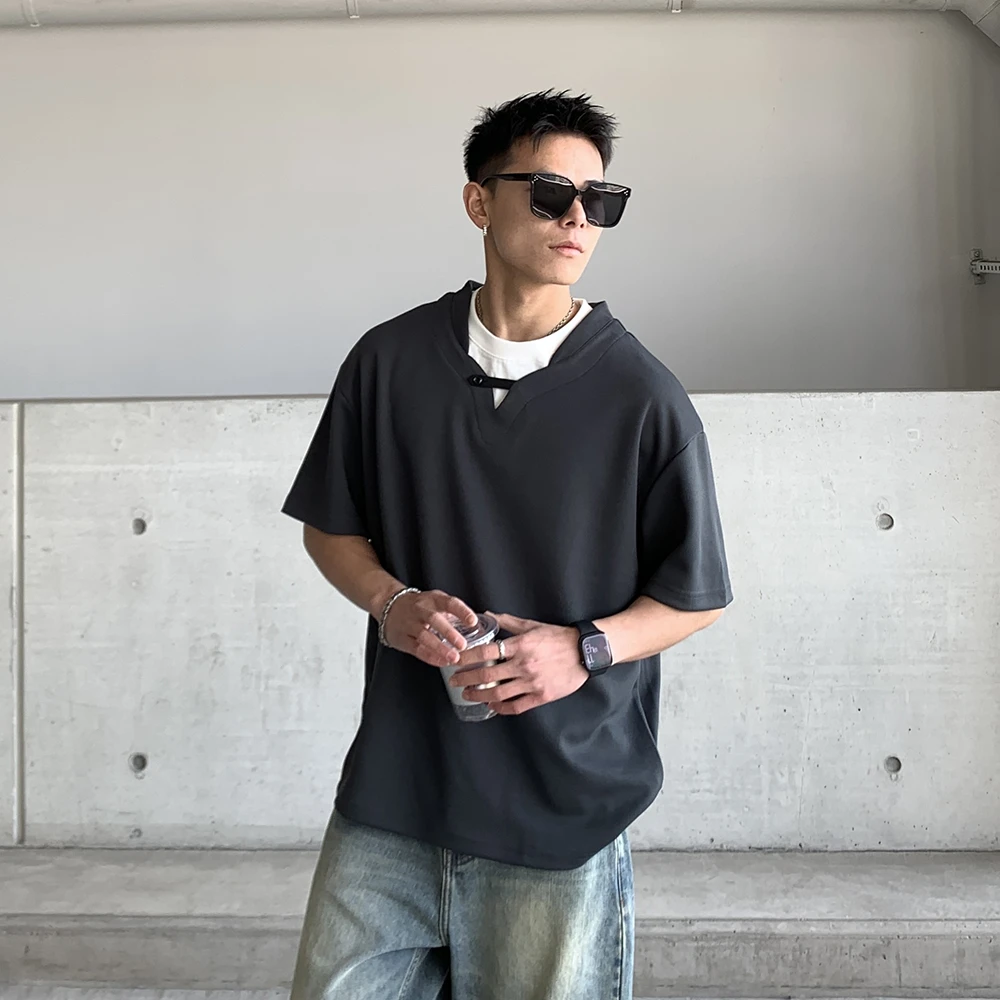 300G夏季修身型休闲百搭半袖舒适情侣T恤简约短袖潮流日系假两件