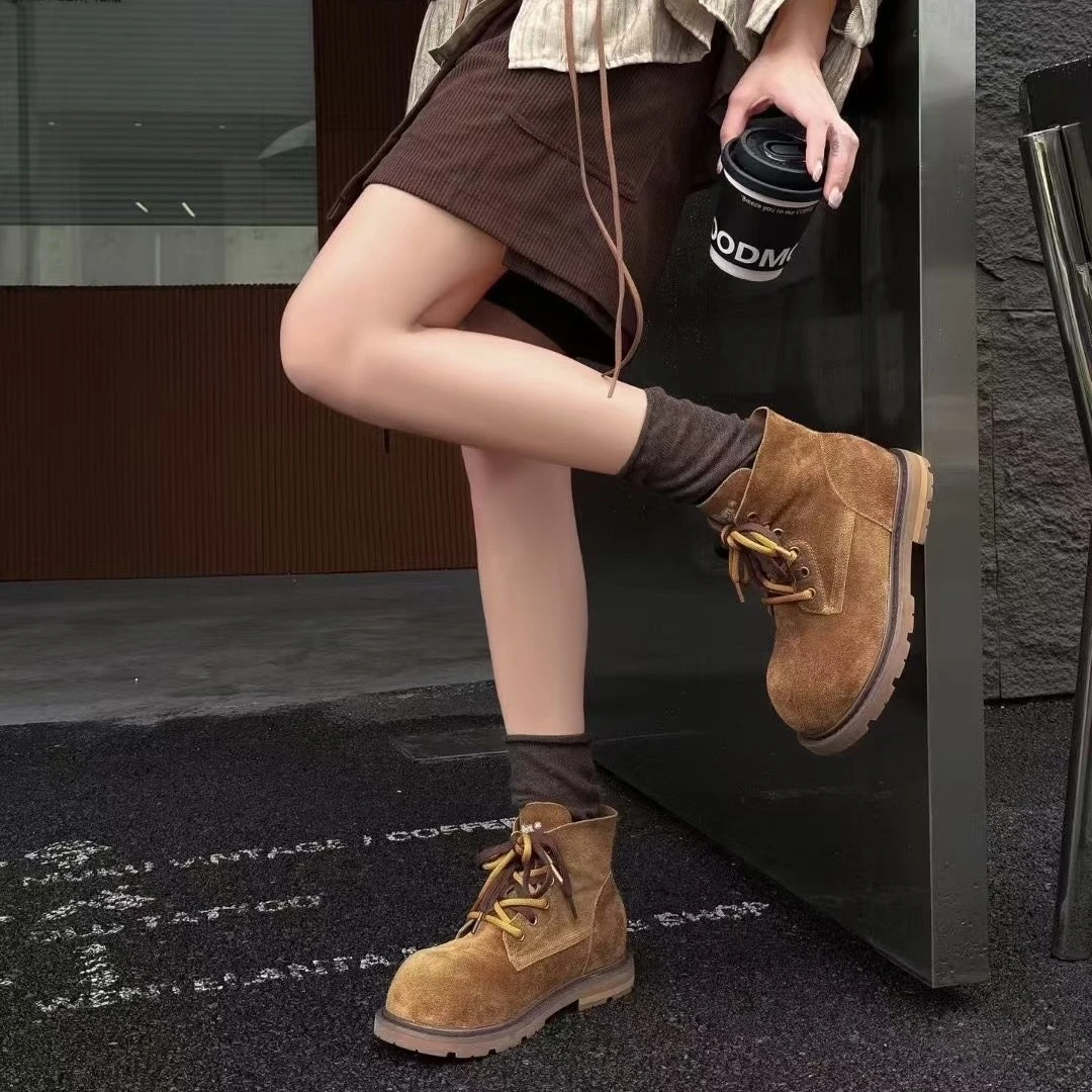 牛皮版～真皮复古马丁靴女2025秋冬季新款爆款低筒百搭小众短靴子