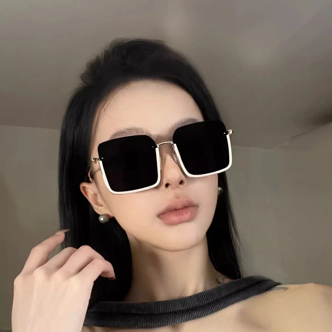 墨镜女款白色方形半框方圆脸显瘦高级感2025新款防紫外线太阳眼镜