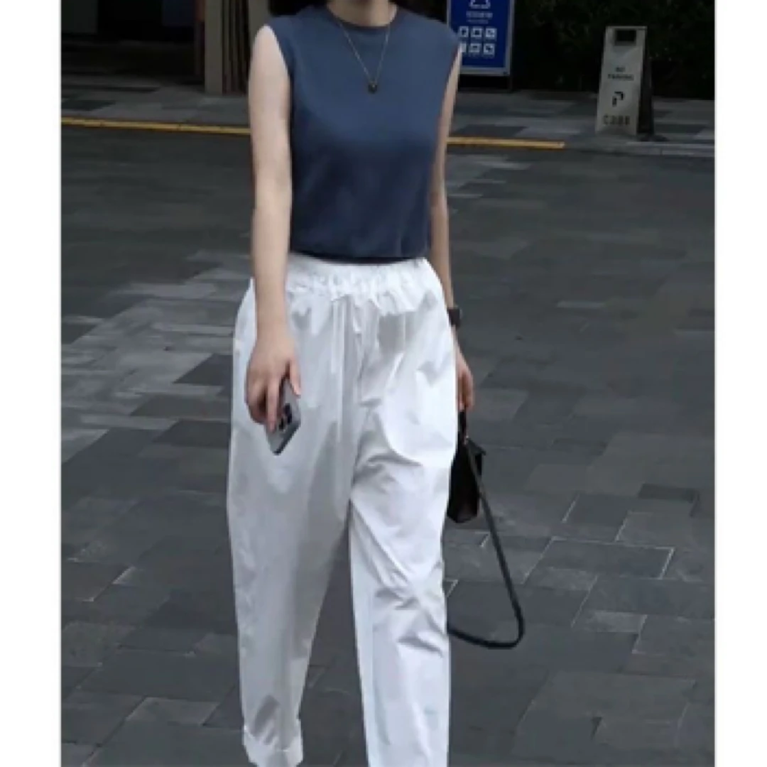 新款简约圆领无袖背心高腰显瘦窄版裤子