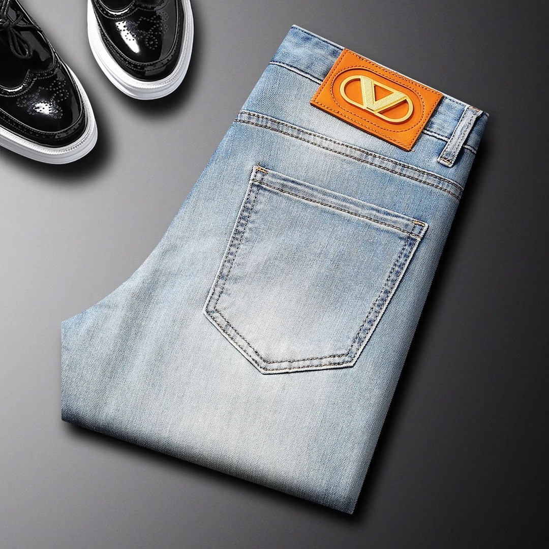 夏季高端时尚浅蓝色牛仔男裤修身直筒长裤轻奢潮流弹力九分裤