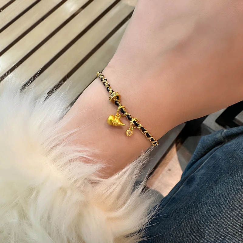 oushipei/欧诗佩 铜合金合成锆石手链 轻奢皮革编织金色葫芦手链