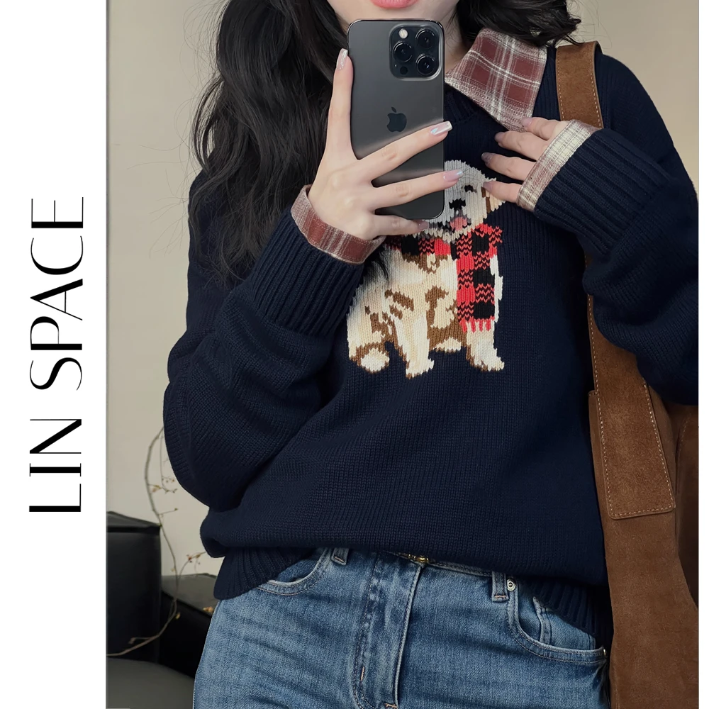 陈陈琳呀【钩花小狗】100%棉手工勾针小狗毛衣圆领套头棉针织衫