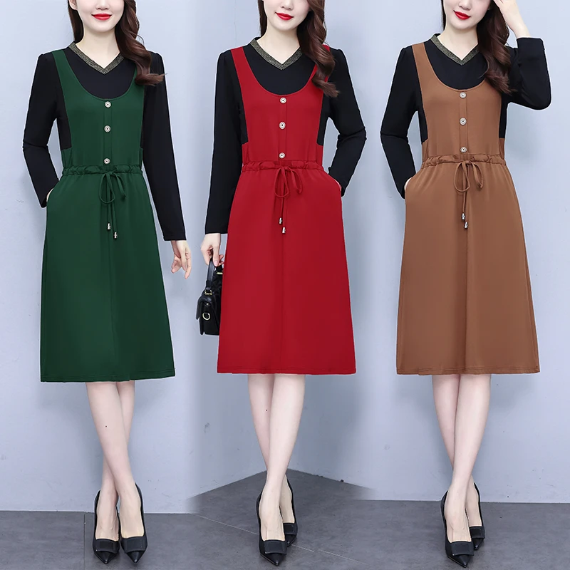 气质大码女装超修身显瘦中长款假两件套长袖中妈妈连衣裙FA8623