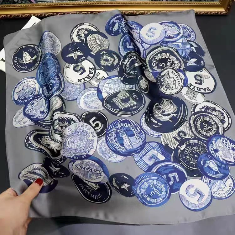 【蓝黑数字5】宫丽68x68cm6A纯100桑蚕丝素绉缎真丝方巾薄款百搭