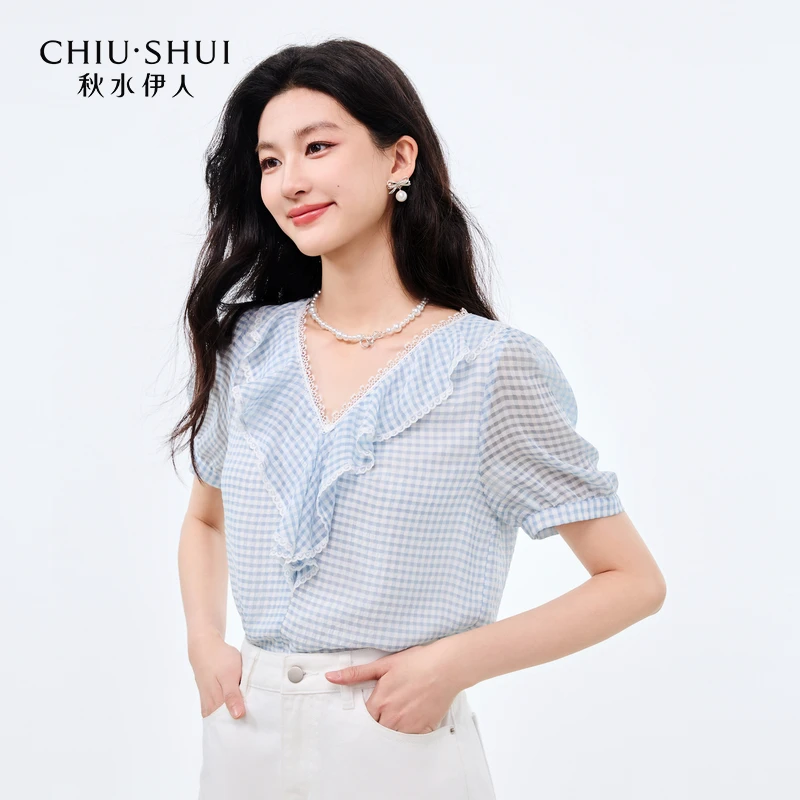 【林一专属】秋水伊人V领荷叶边雪纺衫女休闲上衣625203D050280