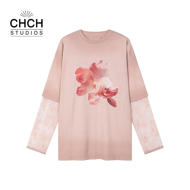 RAQTX22543春季新款「金鱼」图案印花假两件T恤