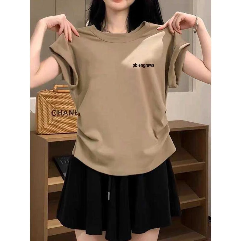 小飞袖褶皱正肩短袖t恤女夏季2025新款设计感收腰显瘦圆领上衣潮