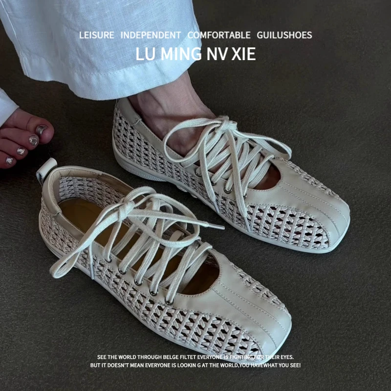 羊皮版~2025新款法式休闲风编织镂空系带平底复古平底女士玛丽珍