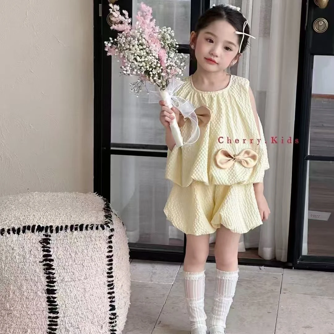 女童套装2025夏季新款儿童蝴蝶结背心洋气无袖宝宝短裤花苞两件套