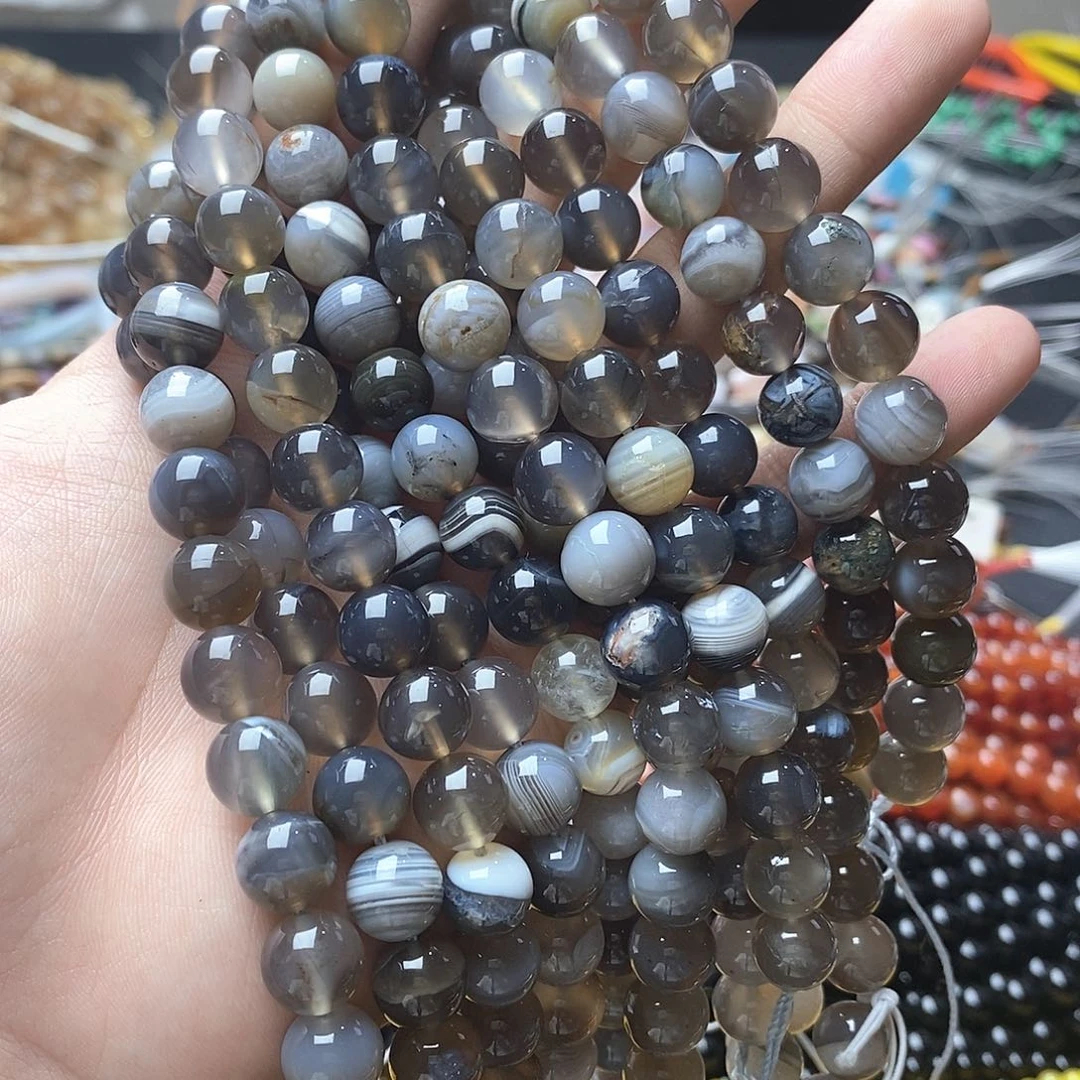 玛瑙/玉髓合金珠宝半成品一条天然10mm灰蚕丝玛瑙圆珠