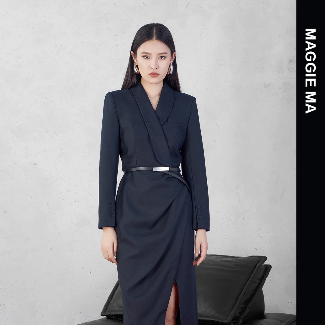 MAGGIE MA马婧设计师款灰蓝低调内敛气质压褶连衣裙522D