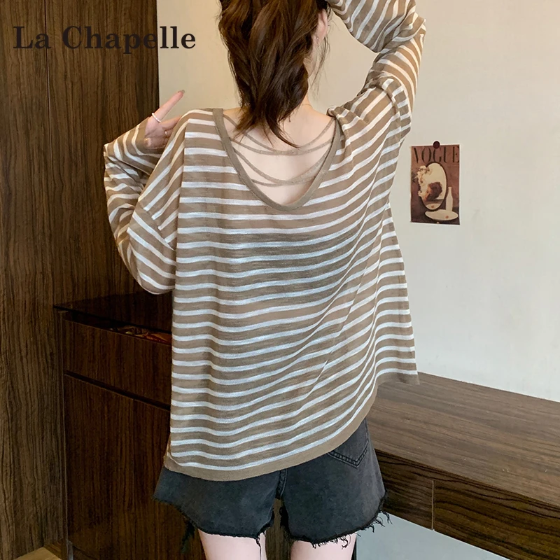 拉夏贝尔针织防晒长袖条纹T恤夏季韩版薄款宽松镂空温柔风上衣女