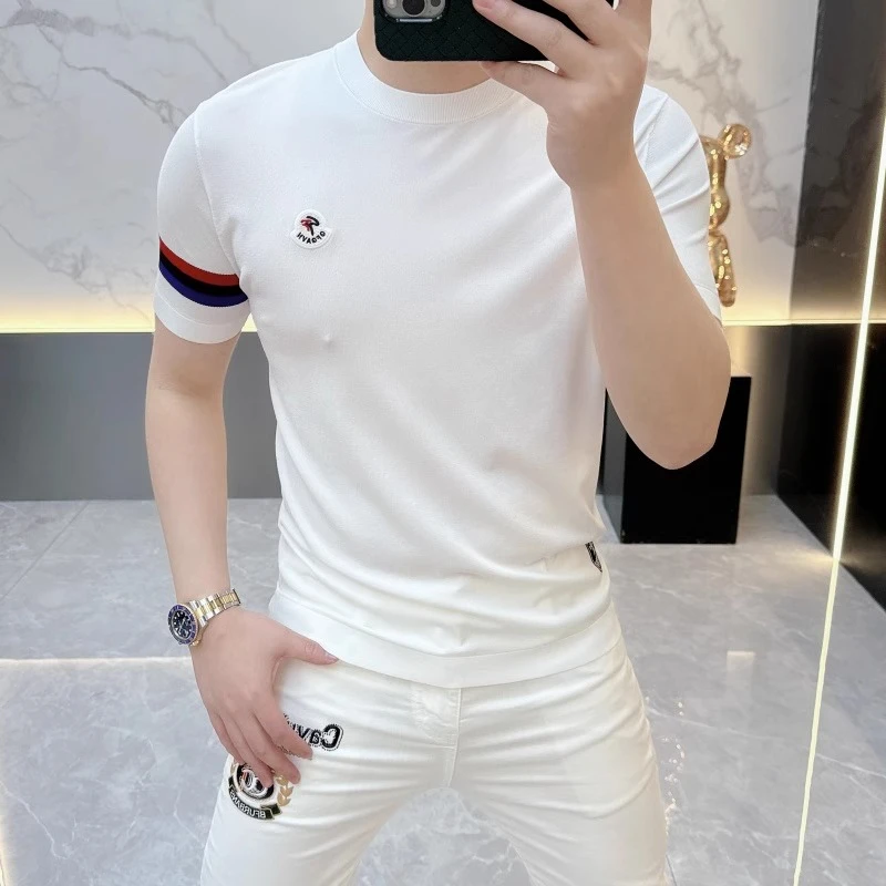 2025夏季新款欧货时尚条纹帅气百搭冰丝短袖T恤男薄款针织半袖