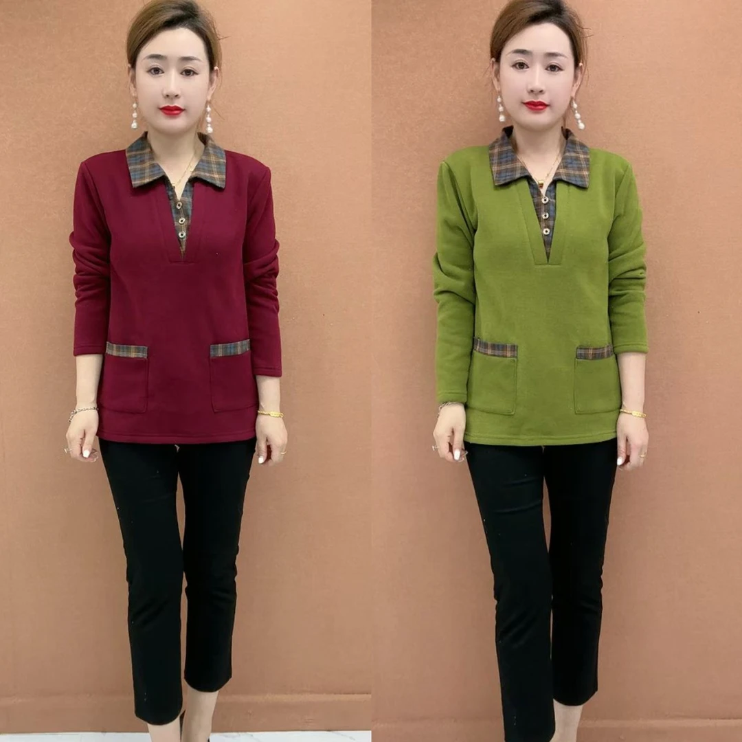 加绒加厚冬季新款时尚大码中老年妈妈装格子长袖宽松假两件打底衫
