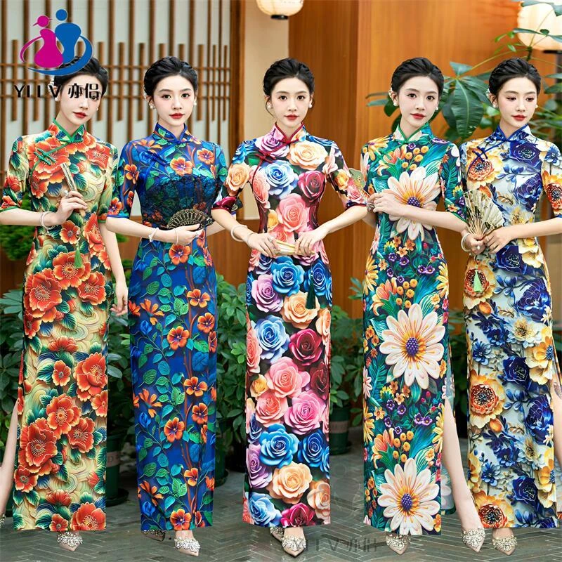 2024新款夏长款修身显瘦连衣裙日常中袖改良旗袍立体印花走秀表演