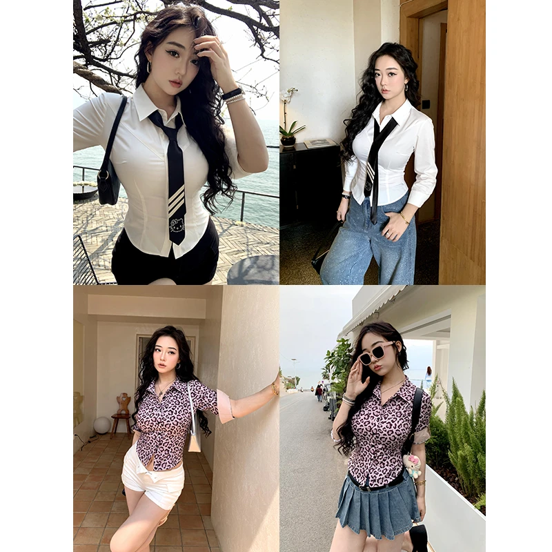 肉装小cherry 一眼心动 甜酷撞色豹纹衬衫微胖假门襟休闲两穿上衣