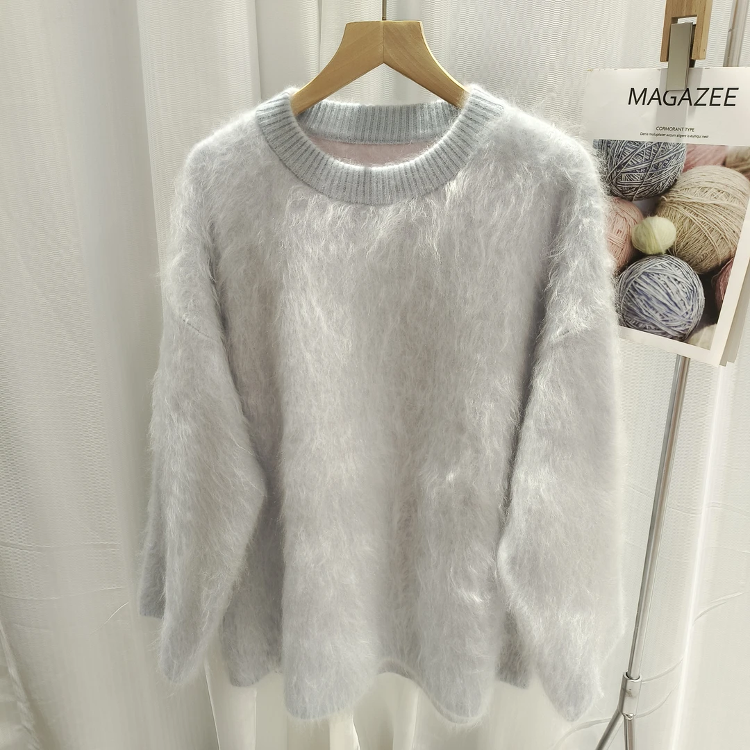 空气层双层100%拉绒山羊绒圆领套头针织衫加厚宽松慵懒风毛衣