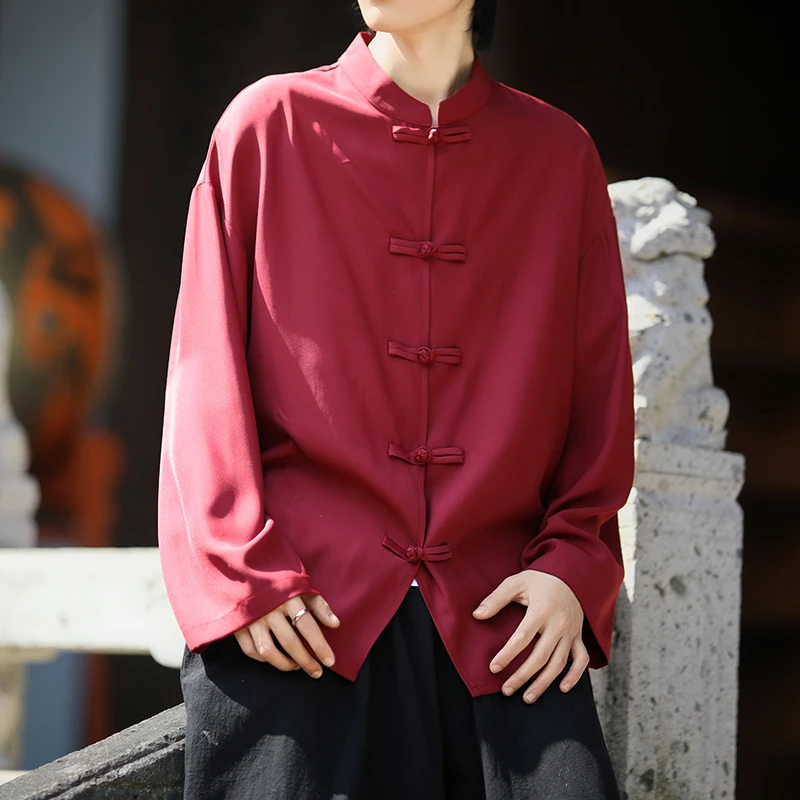 唐装男春季中国风红色长袖衬衫复古潮牌大码宽松垂感休闲汉服衬衣