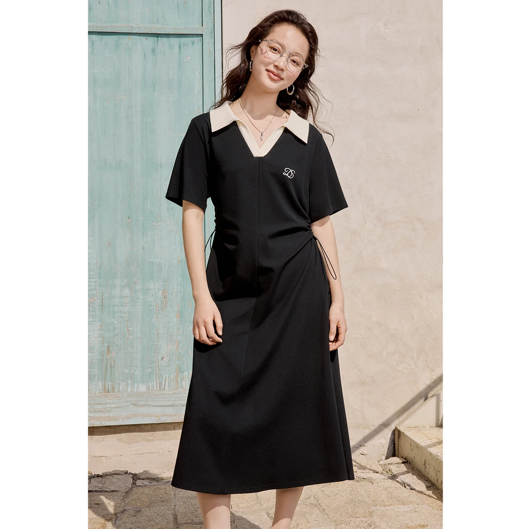 独束大码女装撞色翻领抽绳收腰连衣裙黑色休闲POLO裙子25DS82156