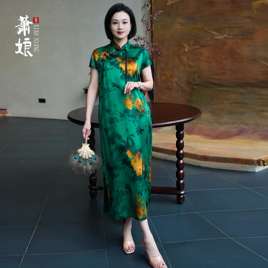 萧娘【华清引】香云纱新中式旗袍裙国风长裙桑蚕丝无袖女连衣裙2696