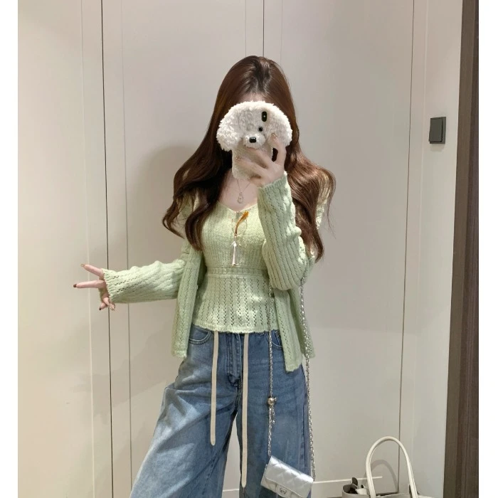 时尚套装气质长袖针织开衫女秋季新款内搭白色吊带背心镂空两件套