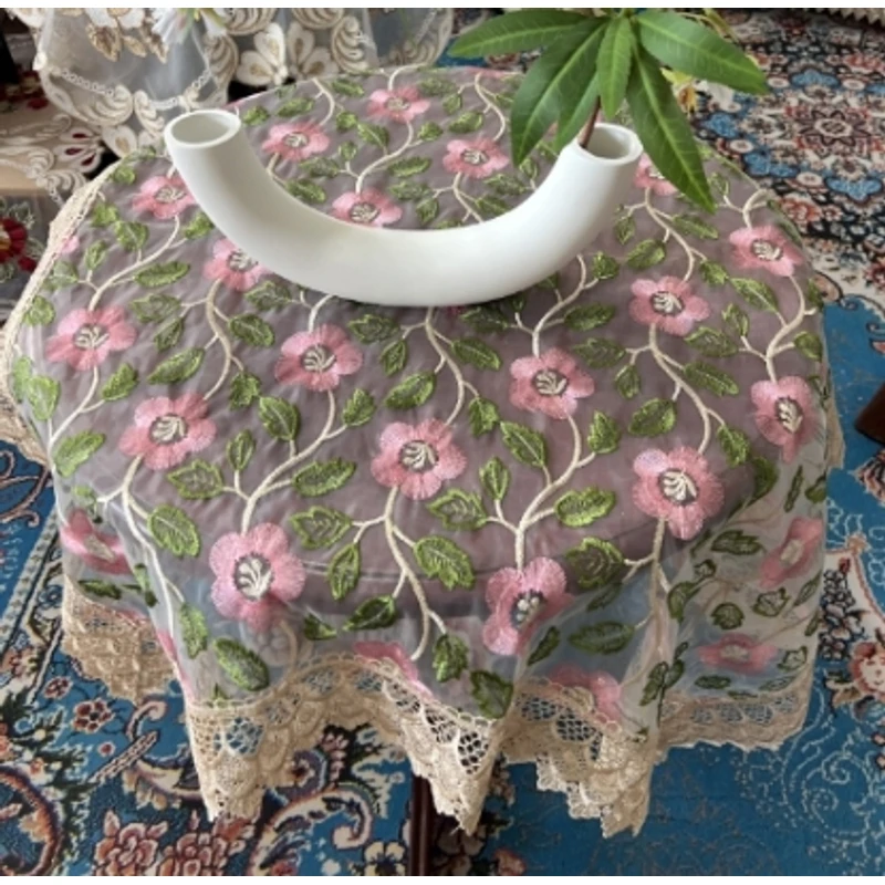 ZN063-17玻璃纱【90*90】粉色栀子花高织高密玻璃砂水溶边桌布茶几