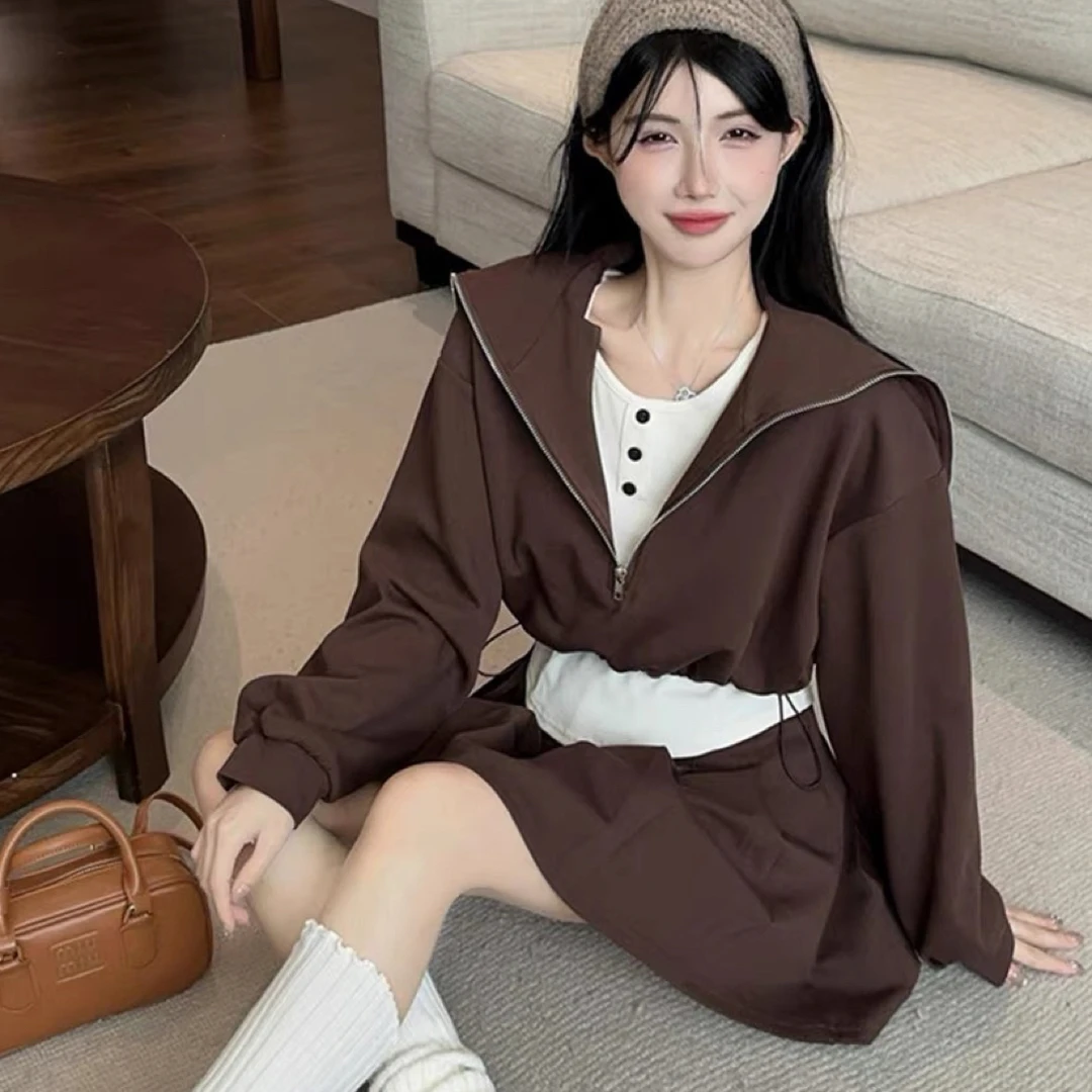 25830 韩系学院风卫衣百褶裙搭配一整套时尚chic甜辣妹两件套
