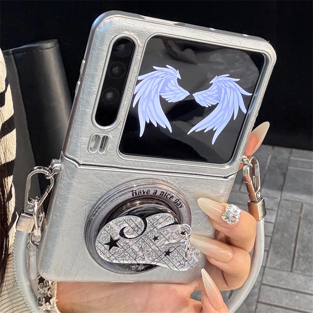 适用华为purax折叠屏手机壳银色锡纸皮纹pocket2星星翅膀磁吸支架