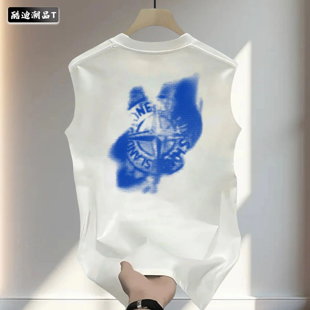 夏季复古美式个性印花运动男青年款痞帅纯棉重磅圆领无袖坎肩背心