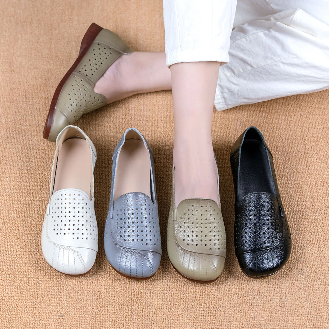 夏季牛皮真皮百搭妈妈鞋软底透气镂空软底休闲手工凉女鞋2309-1