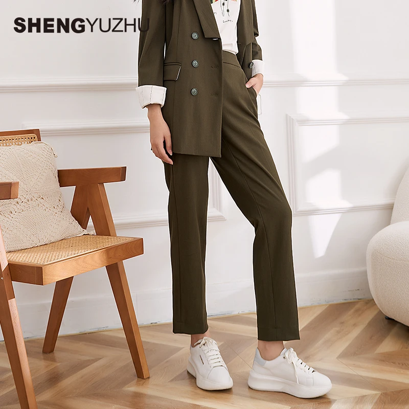 Shengyuzhu/声雨竹女士舒适休闲裤显瘦直筒裤时尚简约卡其色通勤