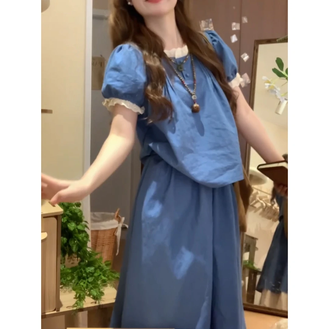 蓝色短袖半身裙两件套装女2025年爆款超火春装一整套大方得体穿搭