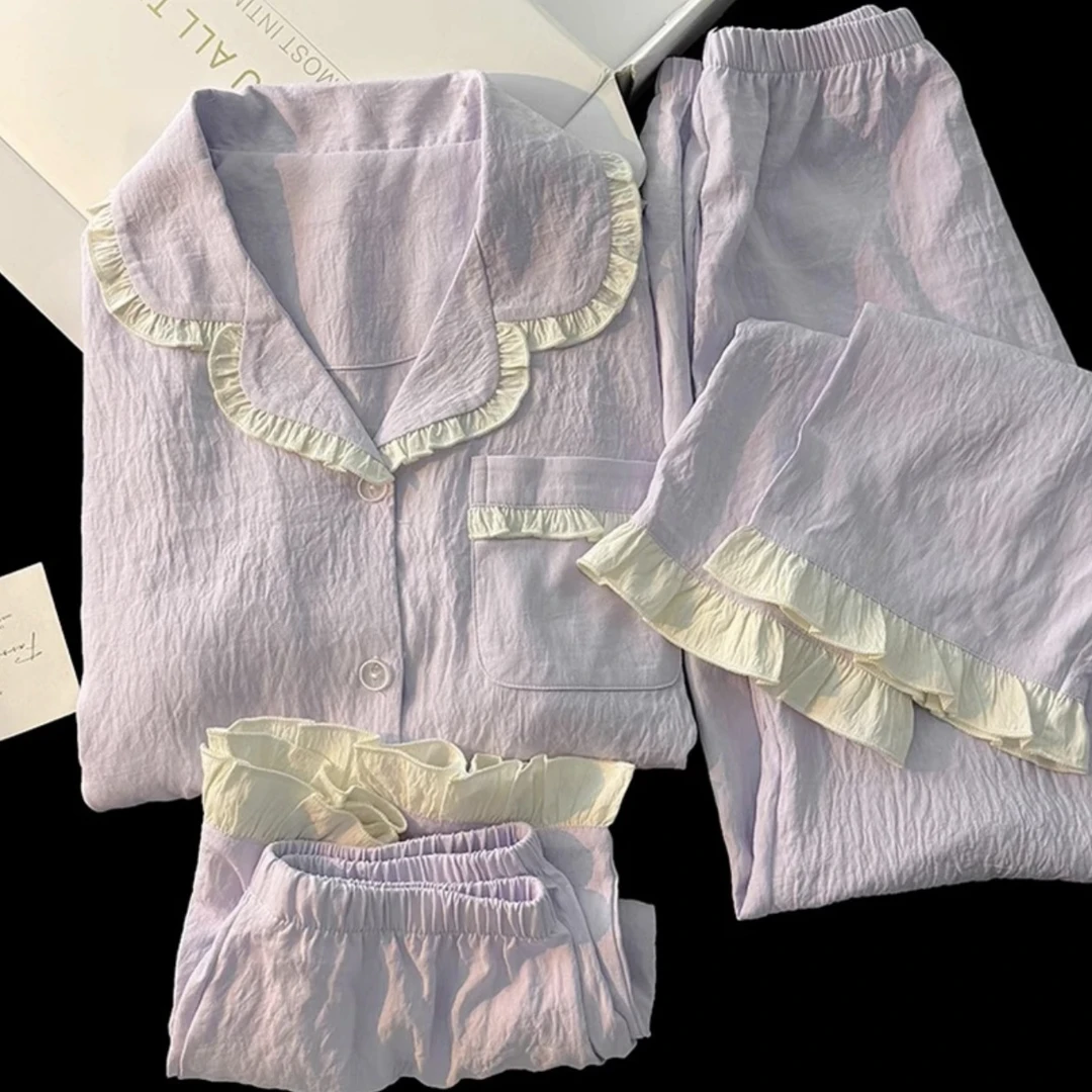 三件套睡衣女夏季云朵棉短袖短裤长裤2025新款紫色舒适甜美家居服