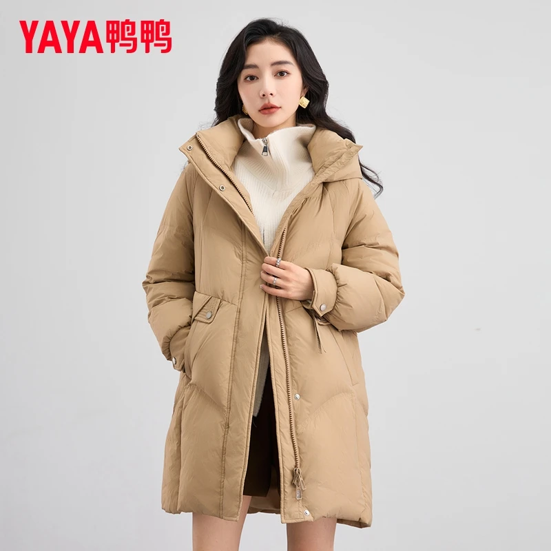 YAYA/鸭鸭中长款羽绒服女冬新款时尚连帽休闲韩板加厚小个子外套