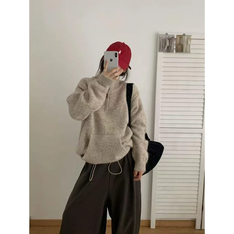 小雅姐姐  韩系氛围感半拉链抽绳针织软糯慵懒毛衣KG46