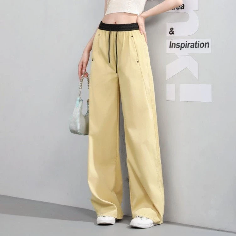 美式撞色拼接卫裤女春夏2025新款高腰抽绳休闲阔腿梧桐弯刀运动裤